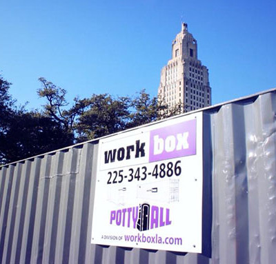 Baton Rouge, Lafayette, Mandeville, Workbox, 8x40 Storage Container, shipping containers, roll off dumpsters, eye wash stations, porta potties construction sites residential and commercial.